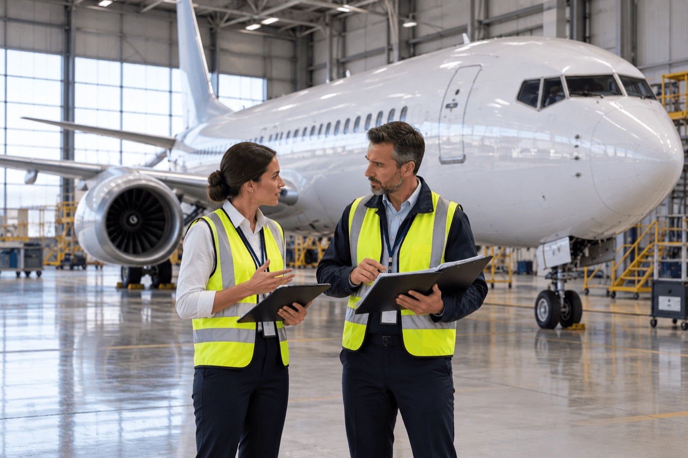 Two compliance specialists reviewing documents in front of an aircraft in the hangar