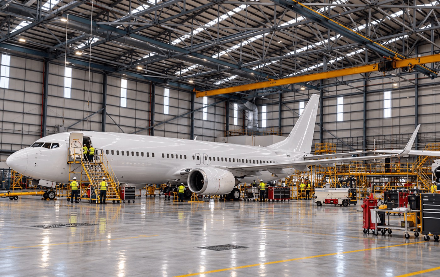Maintenance engineers working around a narrowbody aircraft in a hangar