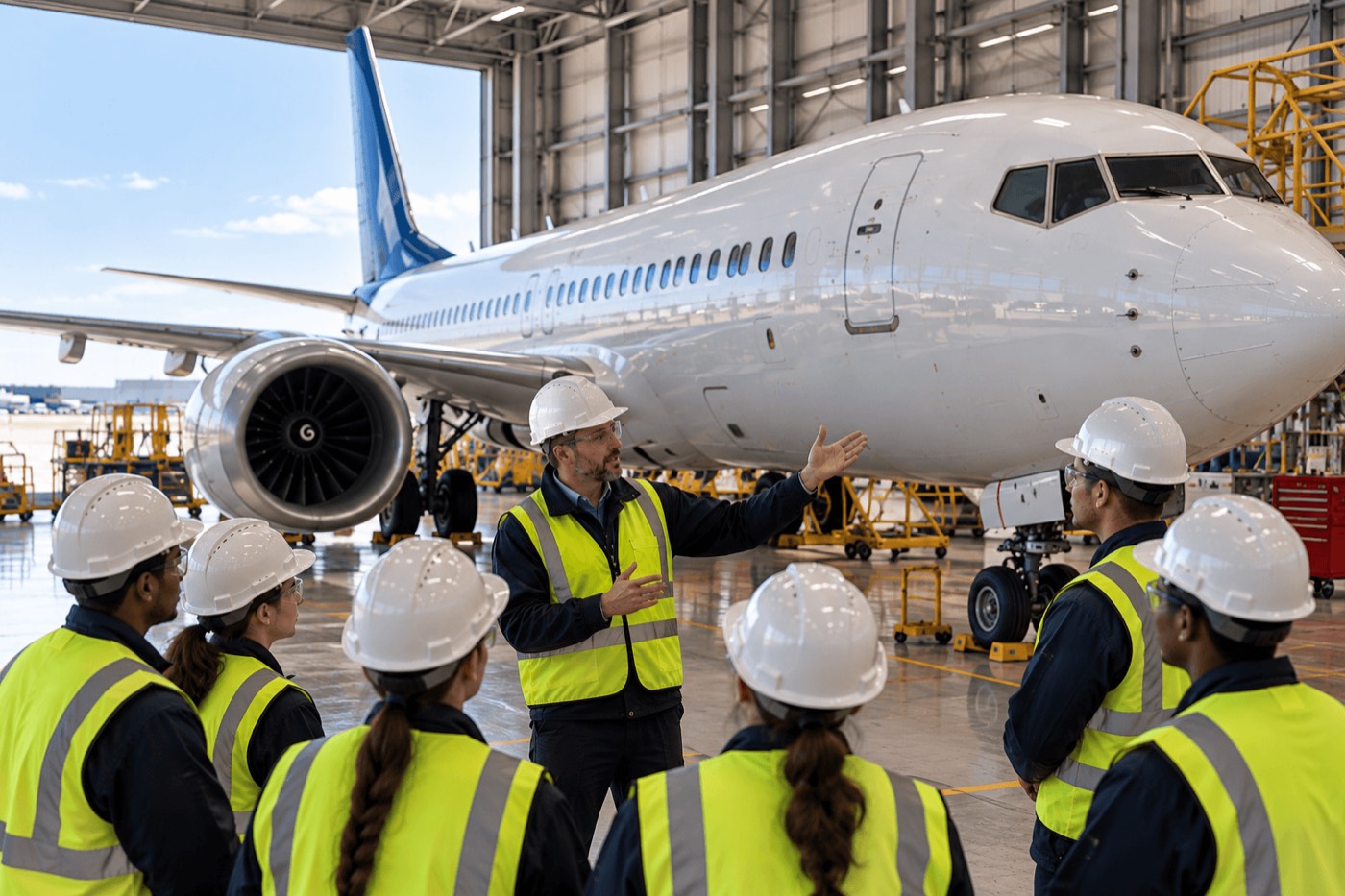 Instructor training a group of maintenance engineers beside an aircraft in the hangar