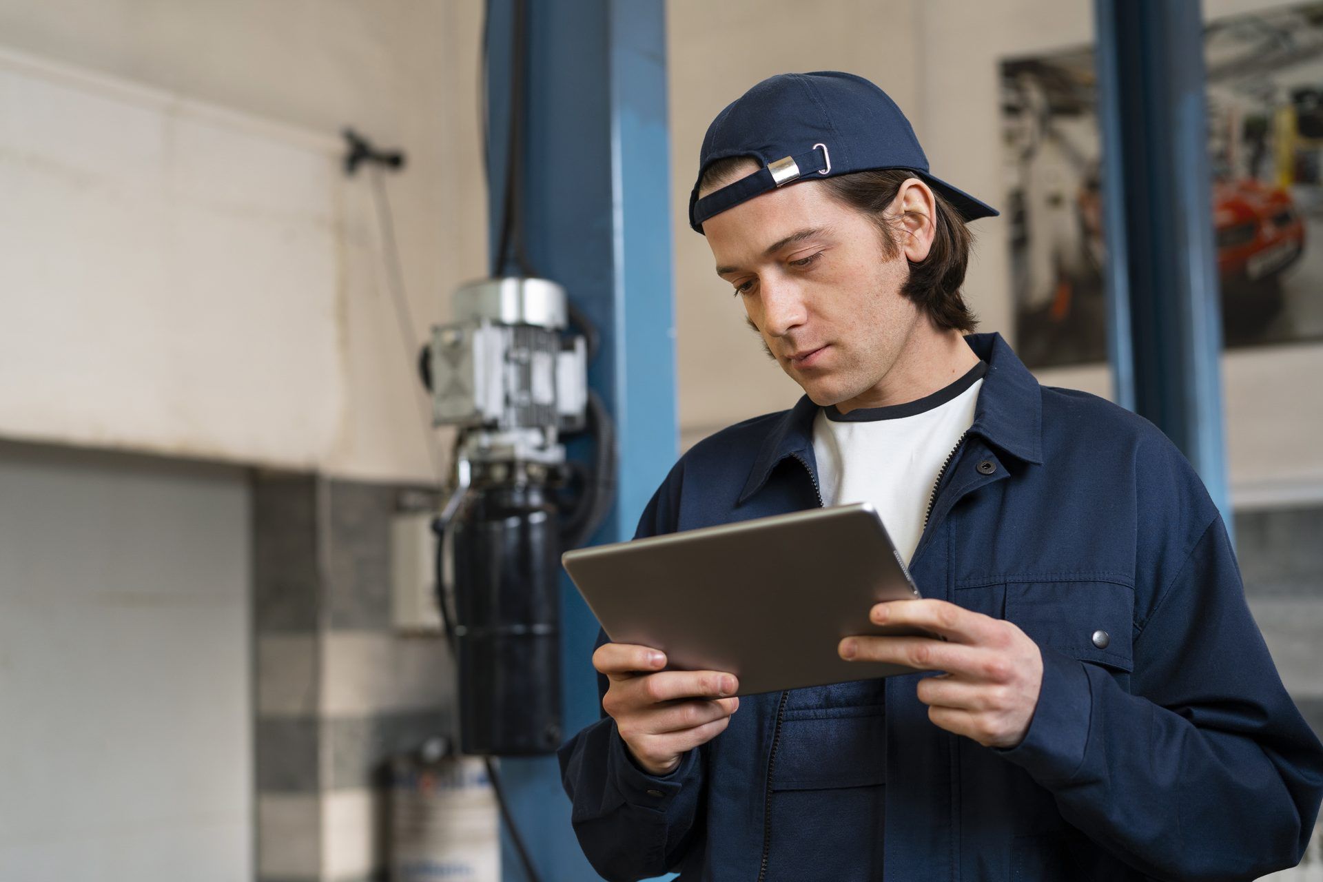 Engineer working through a maintenance manual on a tablet
