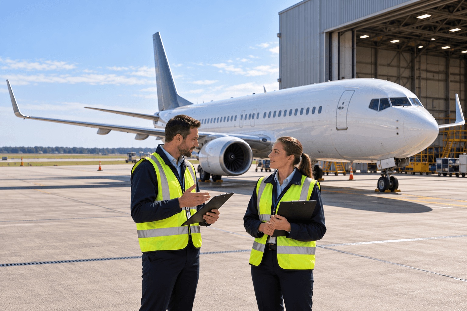 Bosio consultants reviewing aircraft maintenance work beside an aircraft