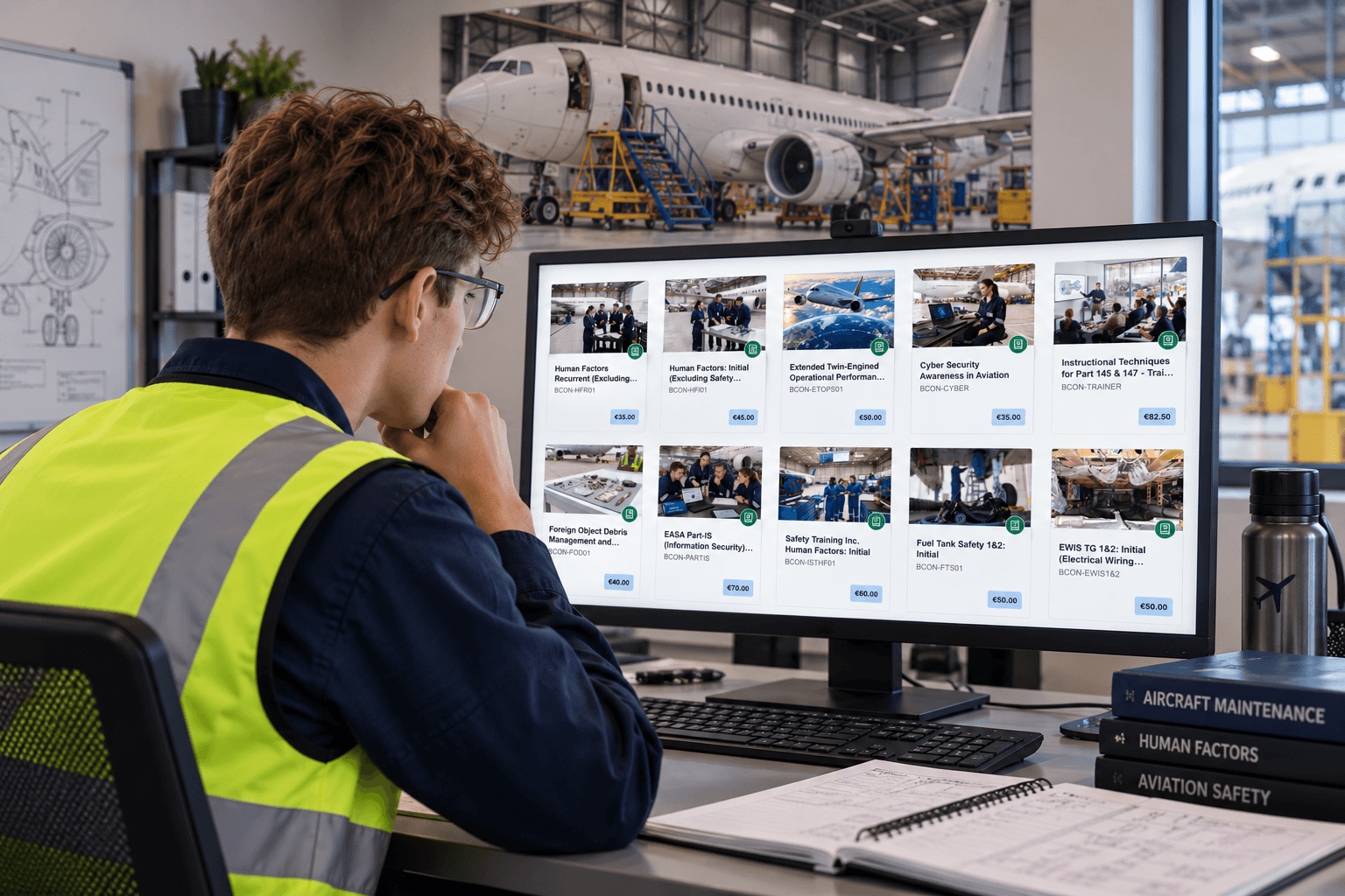 Aviation technician browsing online training courses