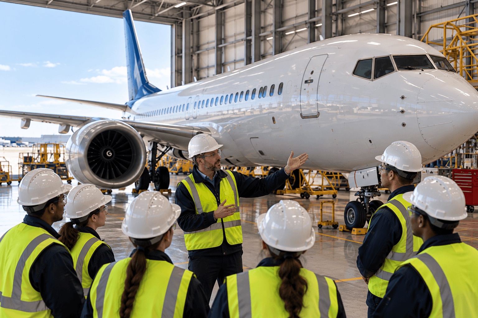 Aircraft maintenance trainees learning together in a hangar